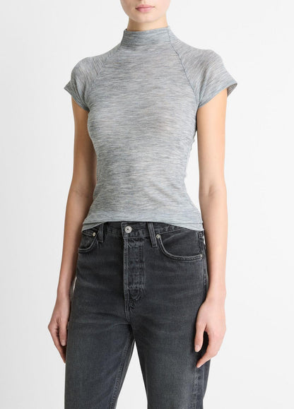 Wool Raglan Cap-Sleeve Mock-Neck Top in Short Sleeve - HEATHER THISTLE | VINCE Women