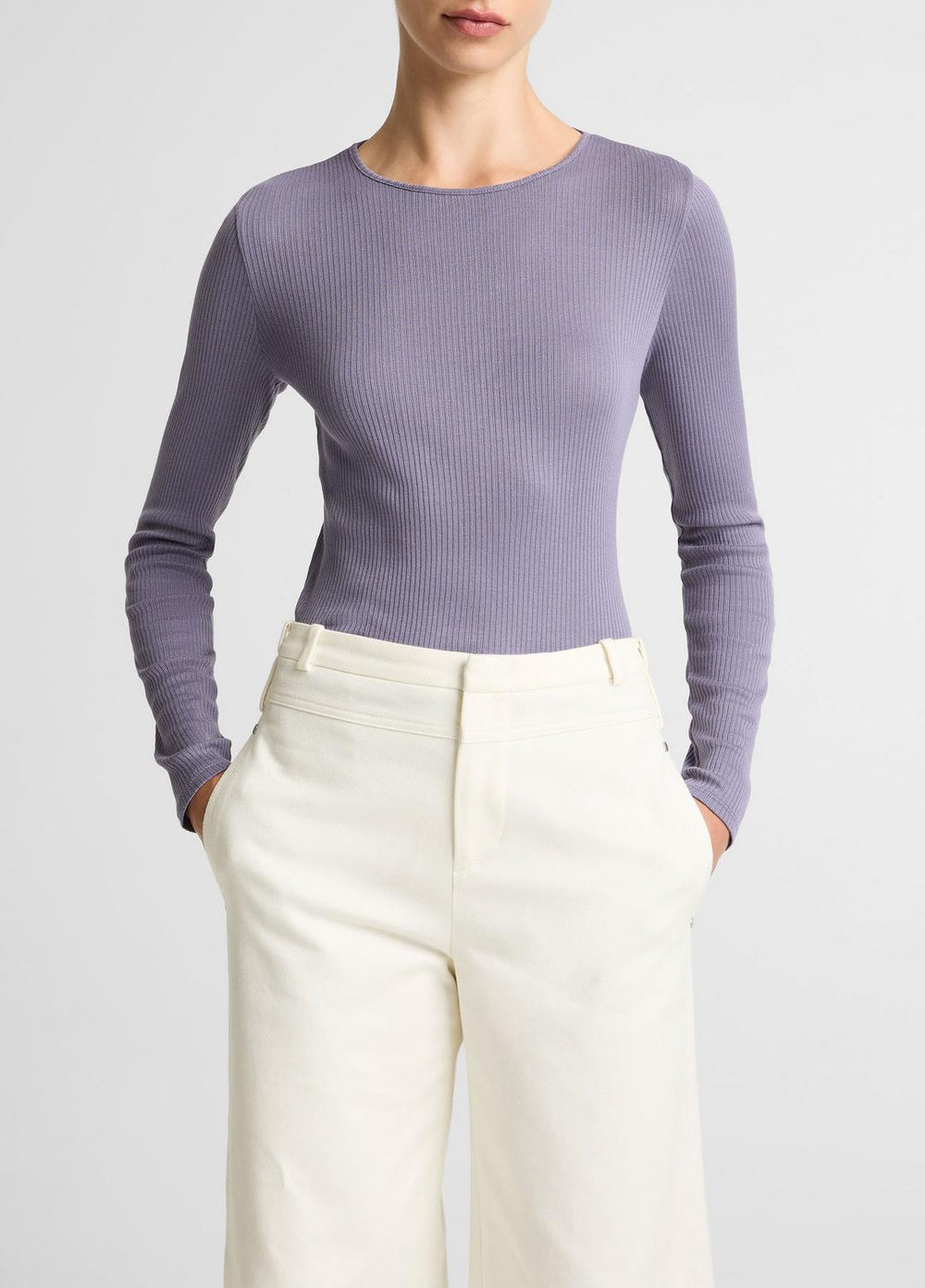 Ribbed Pima Cotton Long-Sleeve T-Shirt in Long Sleeve - MAUVE IRIS | VINCE Women