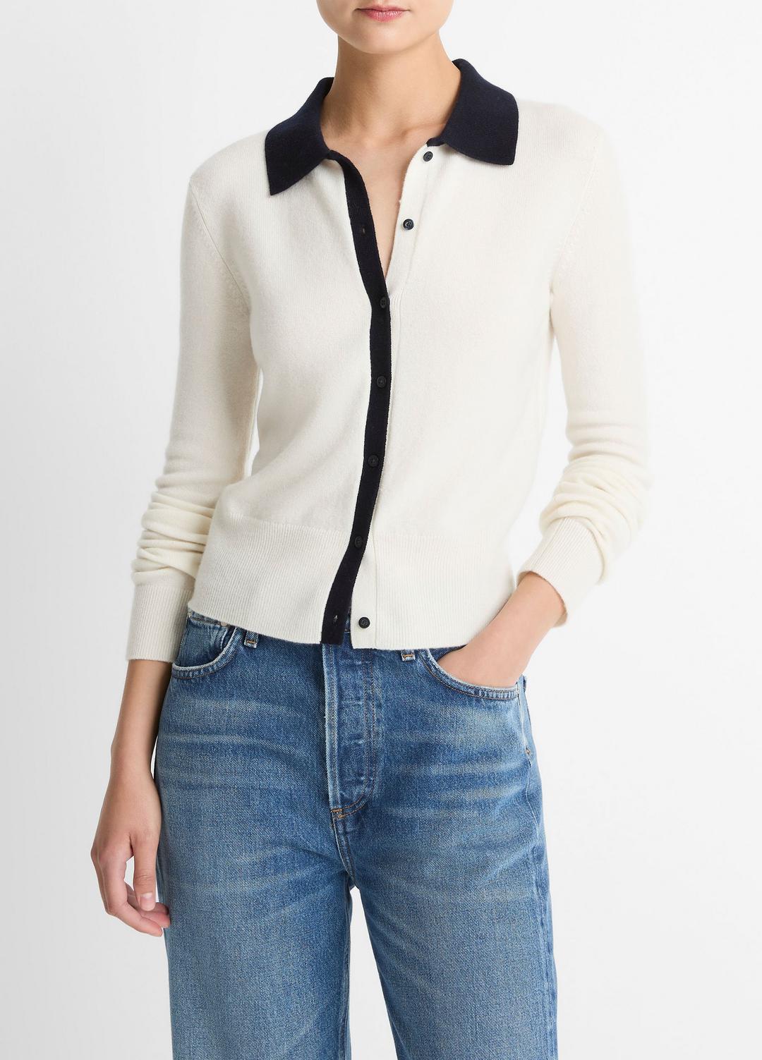 Contrast-Trim Wool & Cashmere-Blend Collared Cardigan in Cardigans - OFF WHITE/COASTAL BLUE | VINCE Women