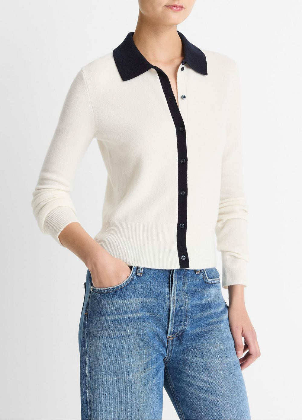 Contrast-Trim Wool & Cashmere-Blend Collared Cardigan in Cardigans - OFF WHITE/COASTAL BLUE | VINCE Women