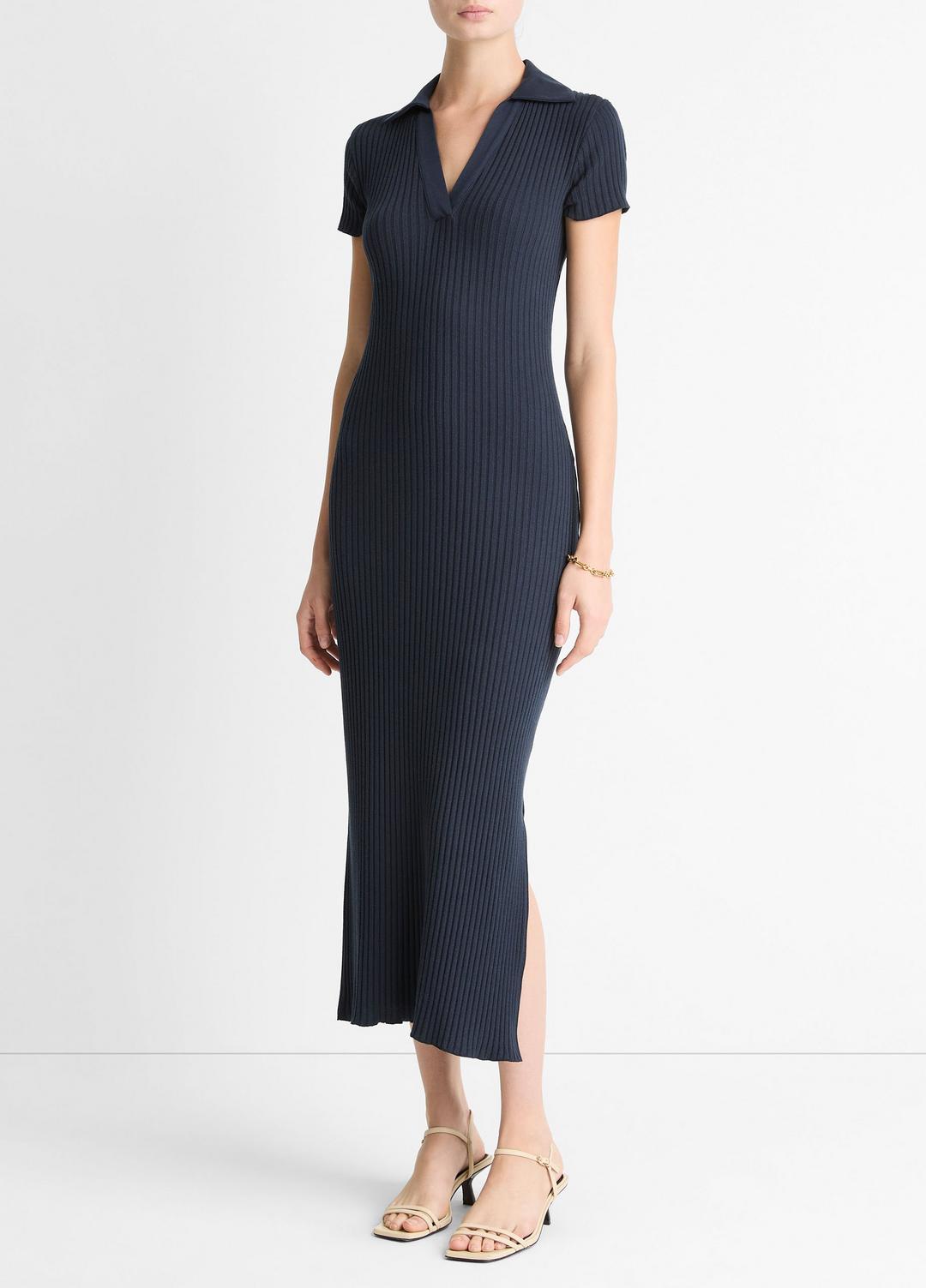 Ribbed Cotton-Blend Polo Dress in Dresses - COASTAL BLUE | VINCE Women