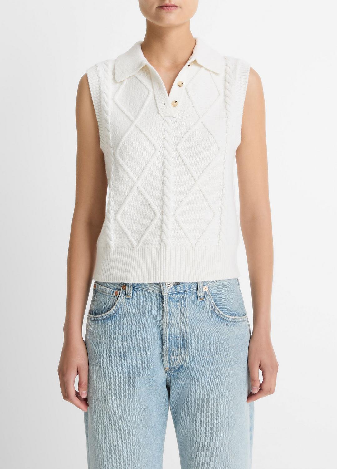 Cable-Knit Wool & Cotton-Blend Sweater Vest in V-Neck - OFF WHITE | VINCE Women