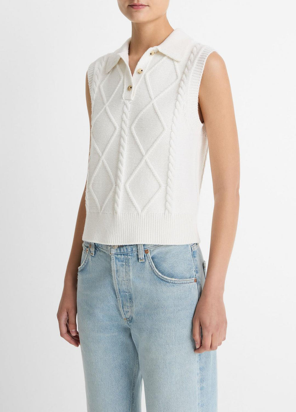 Cable-Knit Wool & Cotton-Blend Sweater Vest in V-Neck - OFF WHITE | VINCE Women