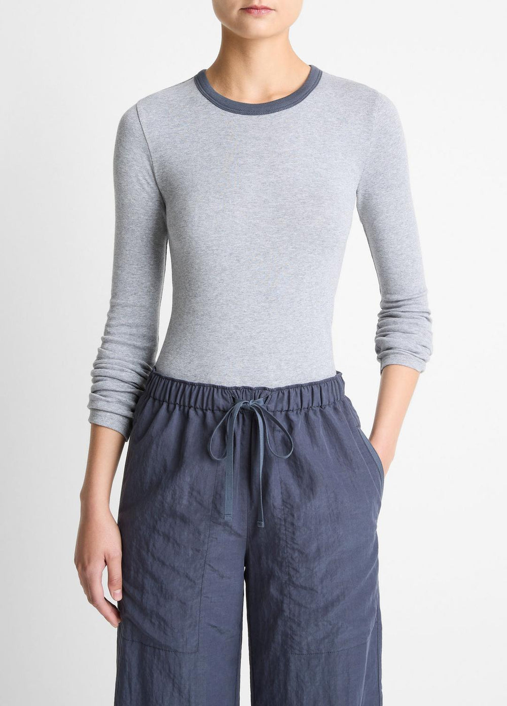 Tipped Heathered Pima Cotton-Blend Long-Sleeve T-Shirt in Long Sleeve - HEATHER THISTLE COMBO | VINCE Women