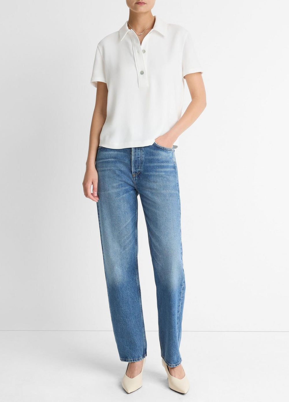 Crepe Polo Shirt in Short Sleeve - OFF WHITE | VINCE Women