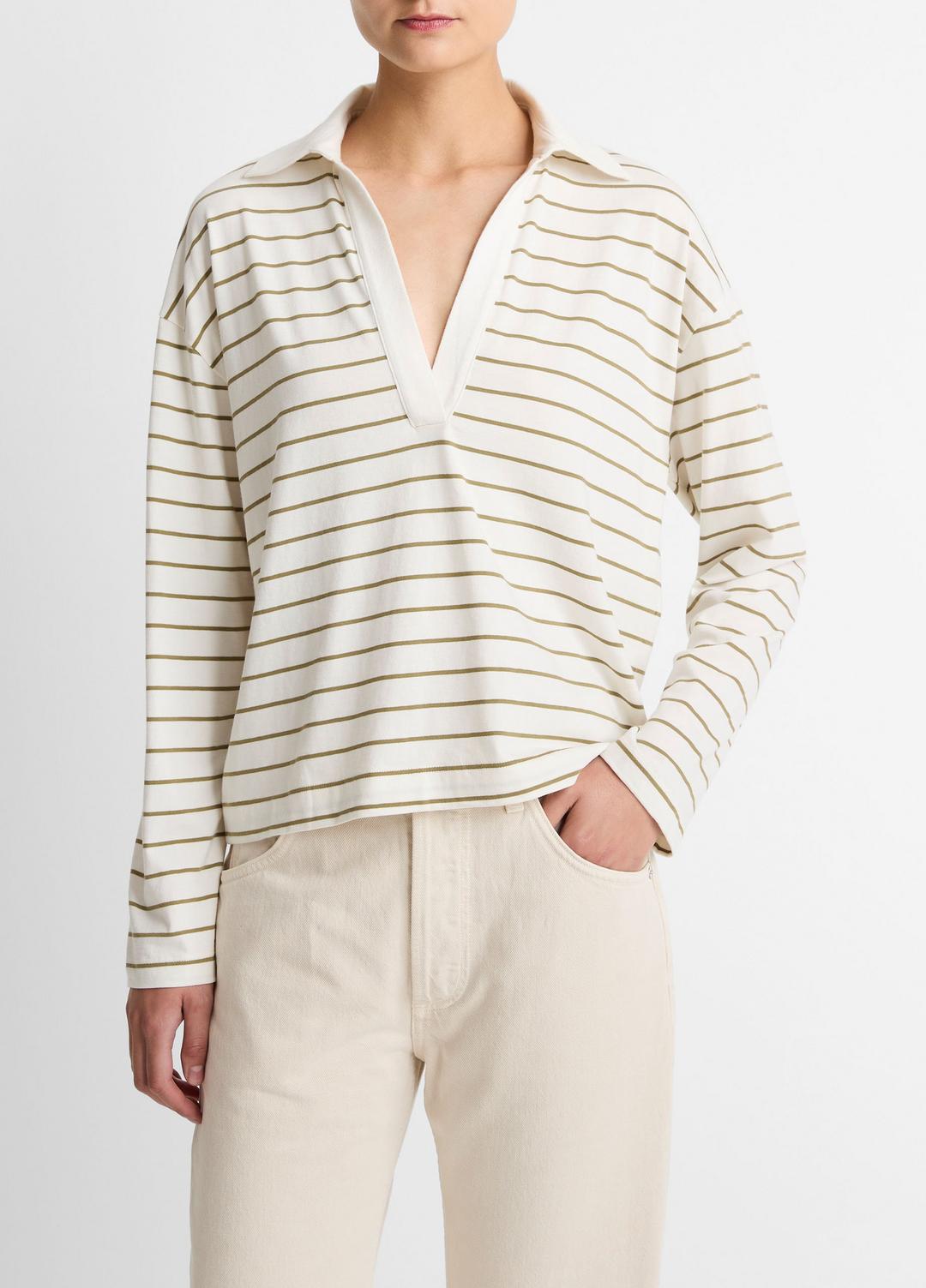 Striped Cotton Long-Sleeve Polo Shirt in Long Sleeve - OLIVE STONE COMBO | VINCE Women