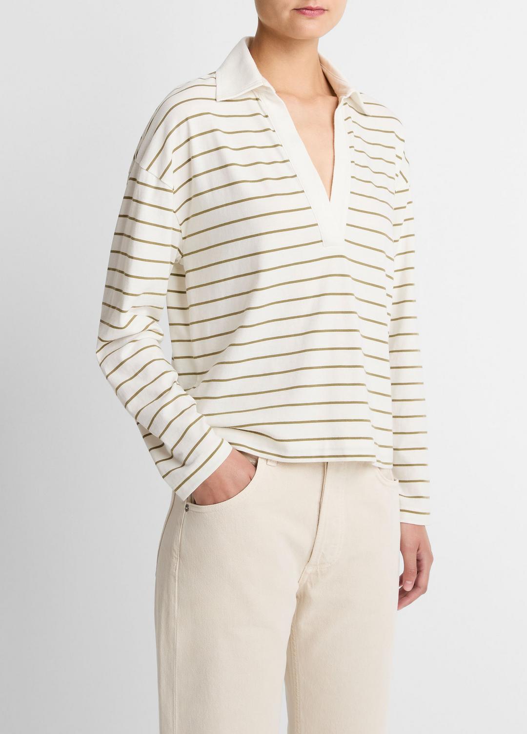 Striped Cotton Long-Sleeve Polo Shirt in Long Sleeve - OLIVE STONE COMBO | VINCE Women