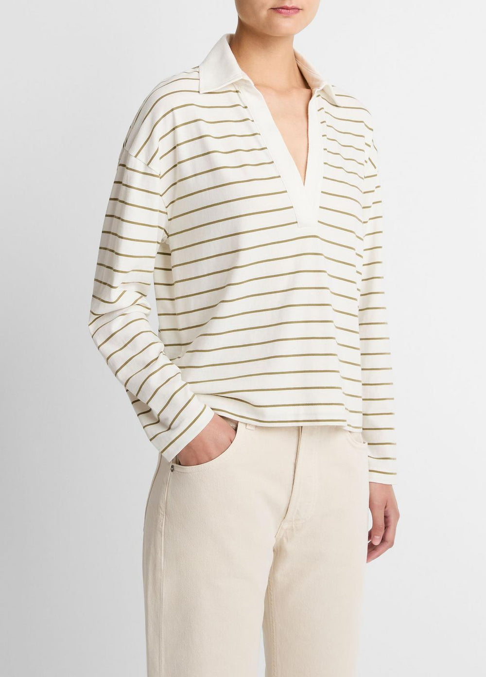 Striped Cotton Long-Sleeve Polo Shirt in Long Sleeve - OLIVE STONE COMBO | VINCE Women