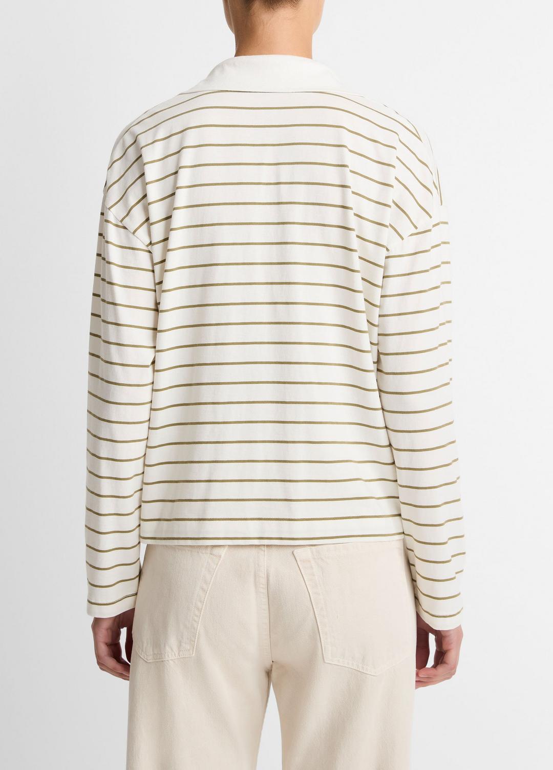 Striped Cotton Long-Sleeve Polo Shirt in Long Sleeve - OLIVE STONE COMBO | VINCE Women