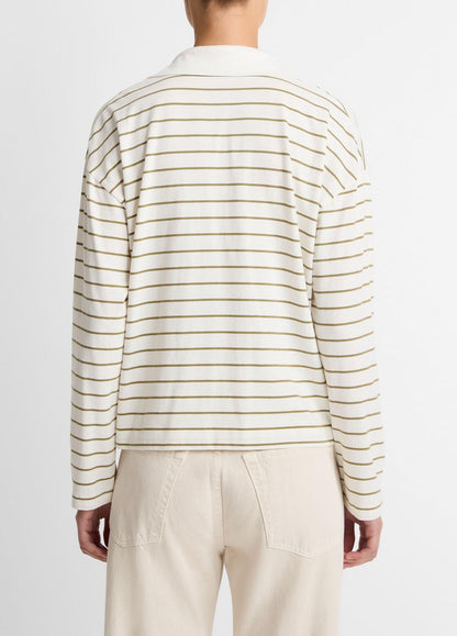 Striped Cotton Long-Sleeve Polo Shirt in Long Sleeve - OLIVE STONE COMBO | VINCE Women