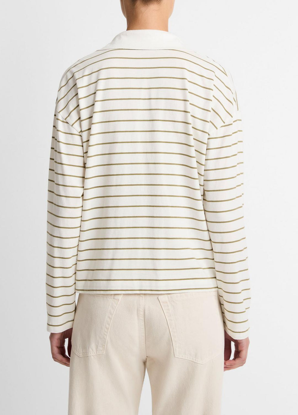 Striped Cotton Long-Sleeve Polo Shirt in Long Sleeve - OLIVE STONE COMBO | VINCE Women