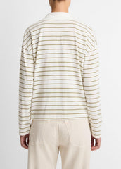 Striped Cotton Long-Sleeve Polo Shirt in Long Sleeve - OLIVE STONE COMBO | VINCE Women