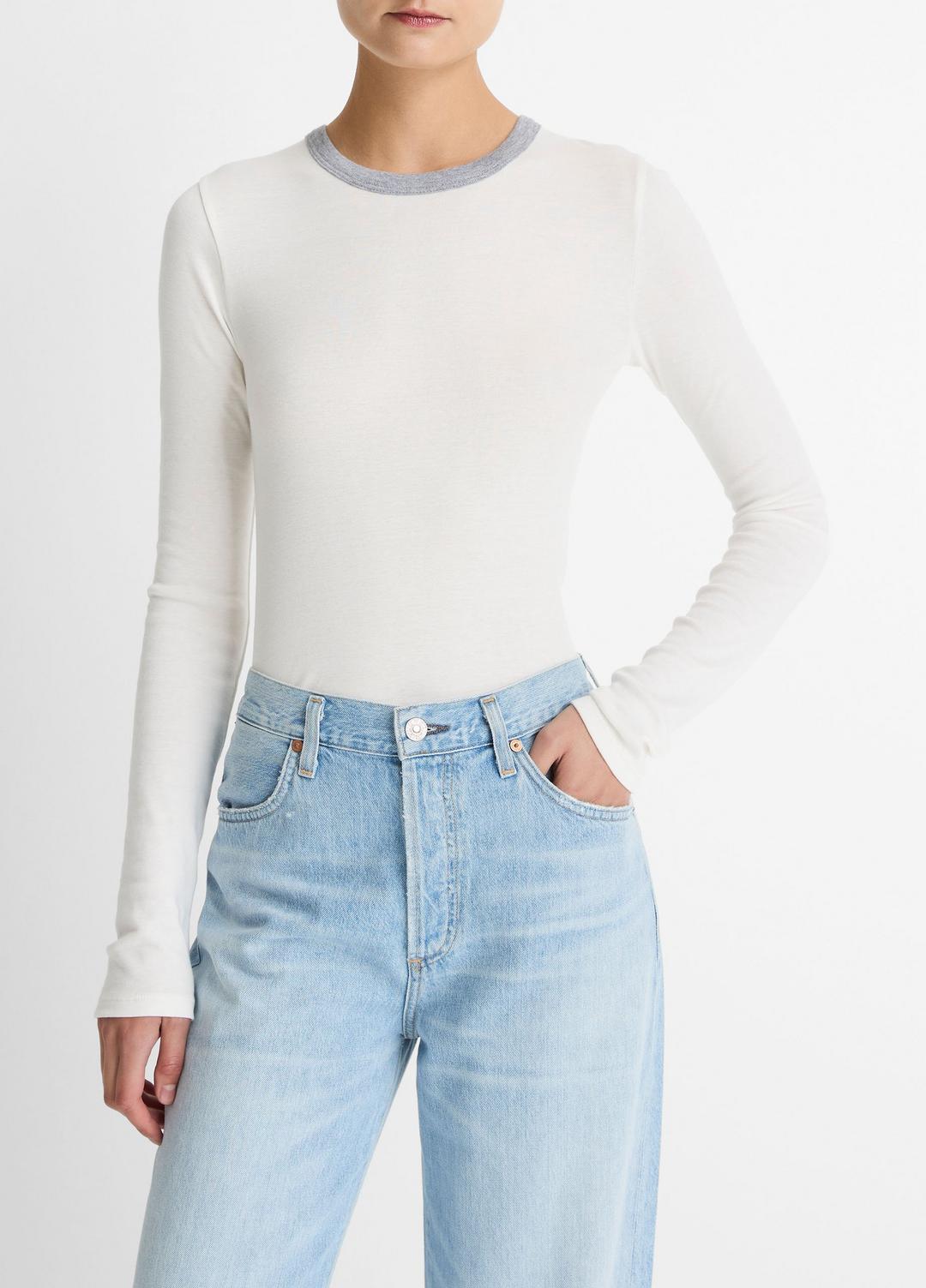Tipped Heathered Pima Cotton-Blend Long-Sleeve T-Shirt in Long Sleeve - OFF WHITE COMBO | VINCE Women