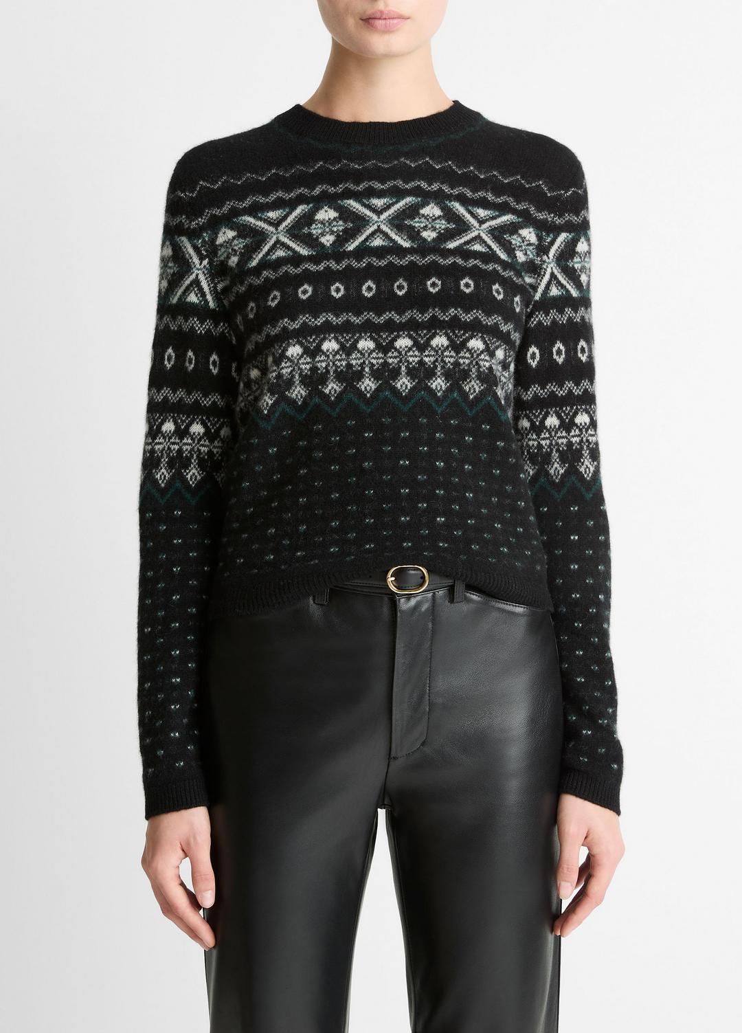Fair Isle Plush Cashmere Sweater in Crew Neck - BLACK/WHITE COMBO | VINCE Women