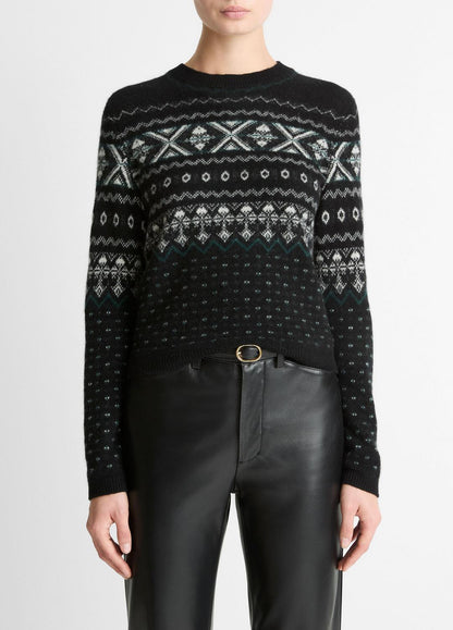 Fair Isle Plush Cashmere Sweater in Crew Neck - BLACK/WHITE COMBO | VINCE Women