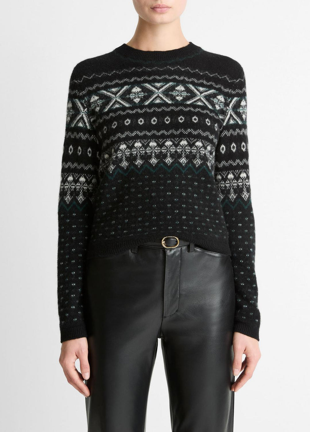Fair Isle Plush Cashmere Sweater in Crew Neck - BLACK/WHITE COMBO | VINCE Women
