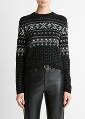 Fair Isle Plush Cashmere Sweater in Crew Neck - BLACK/WHITE COMBO | VINCE Women