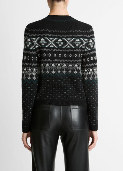Fair Isle Plush Cashmere Sweater in Crew Neck - BLACK/WHITE COMBO | VINCE Women