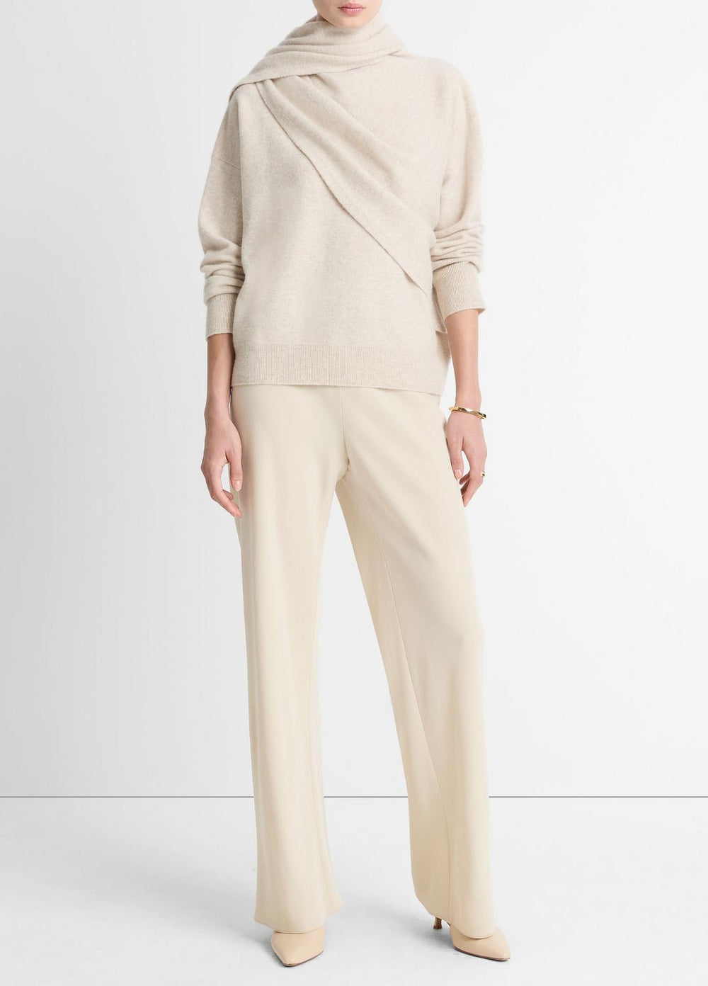 Draped-Shawl Wool-Cashmere Sweater in Turtleneck - HEATHER DOVE OAT | VINCE Women