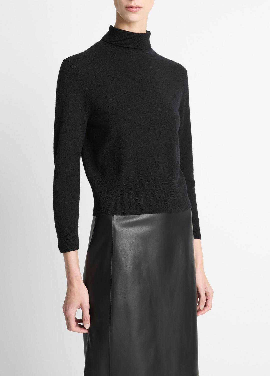 Cashmere-Silk Three-Quarter-Sleeve Mock-Neck Sweater in Turtleneck - BLACK | VINCE Women