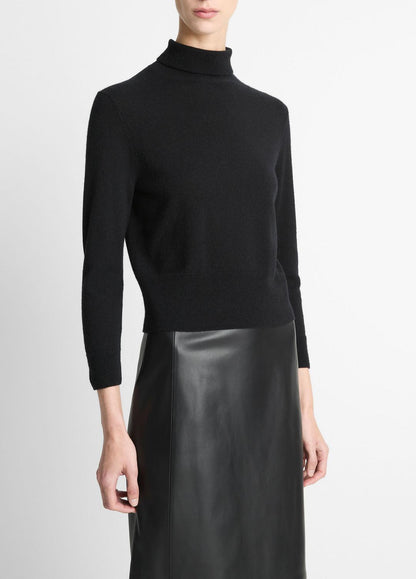 Cashmere-Silk Three-Quarter-Sleeve Mock-Neck Sweater in Turtleneck - BLACK | VINCE Women