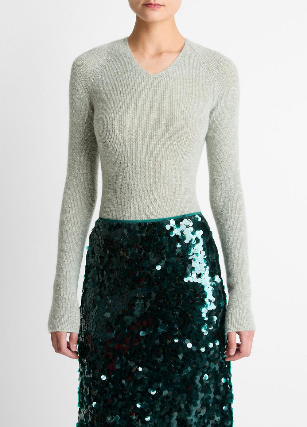 Metallic Ribbed High V-Neck Sweater in V-Neck - LIGHT ALOE STONE METALLIC | VINCE Women