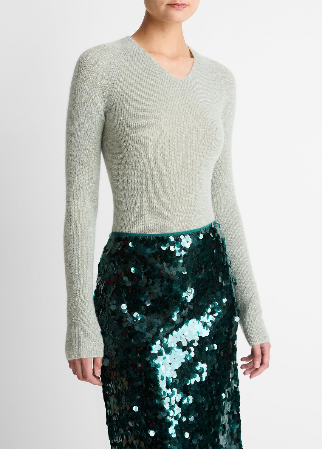 Metallic Ribbed High V-Neck Sweater in V-Neck - LIGHT ALOE STONE METALLIC | VINCE Women