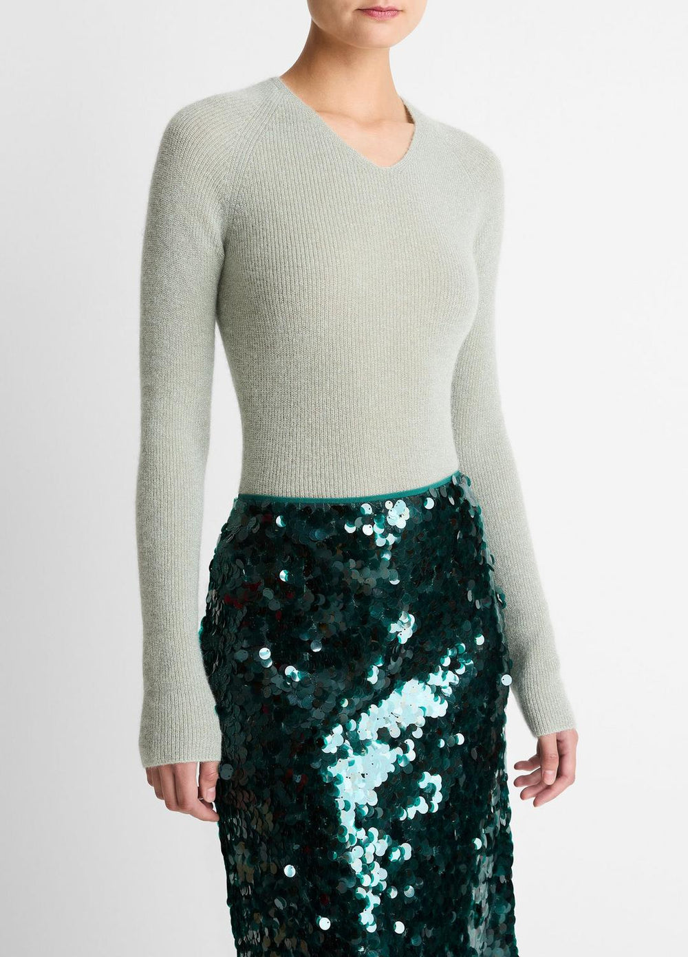 Metallic Ribbed High V-Neck Sweater in V-Neck - LIGHT ALOE STONE METALLIC | VINCE Women