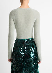 Metallic Ribbed High V-Neck Sweater in V-Neck - LIGHT ALOE STONE METALLIC | VINCE Women