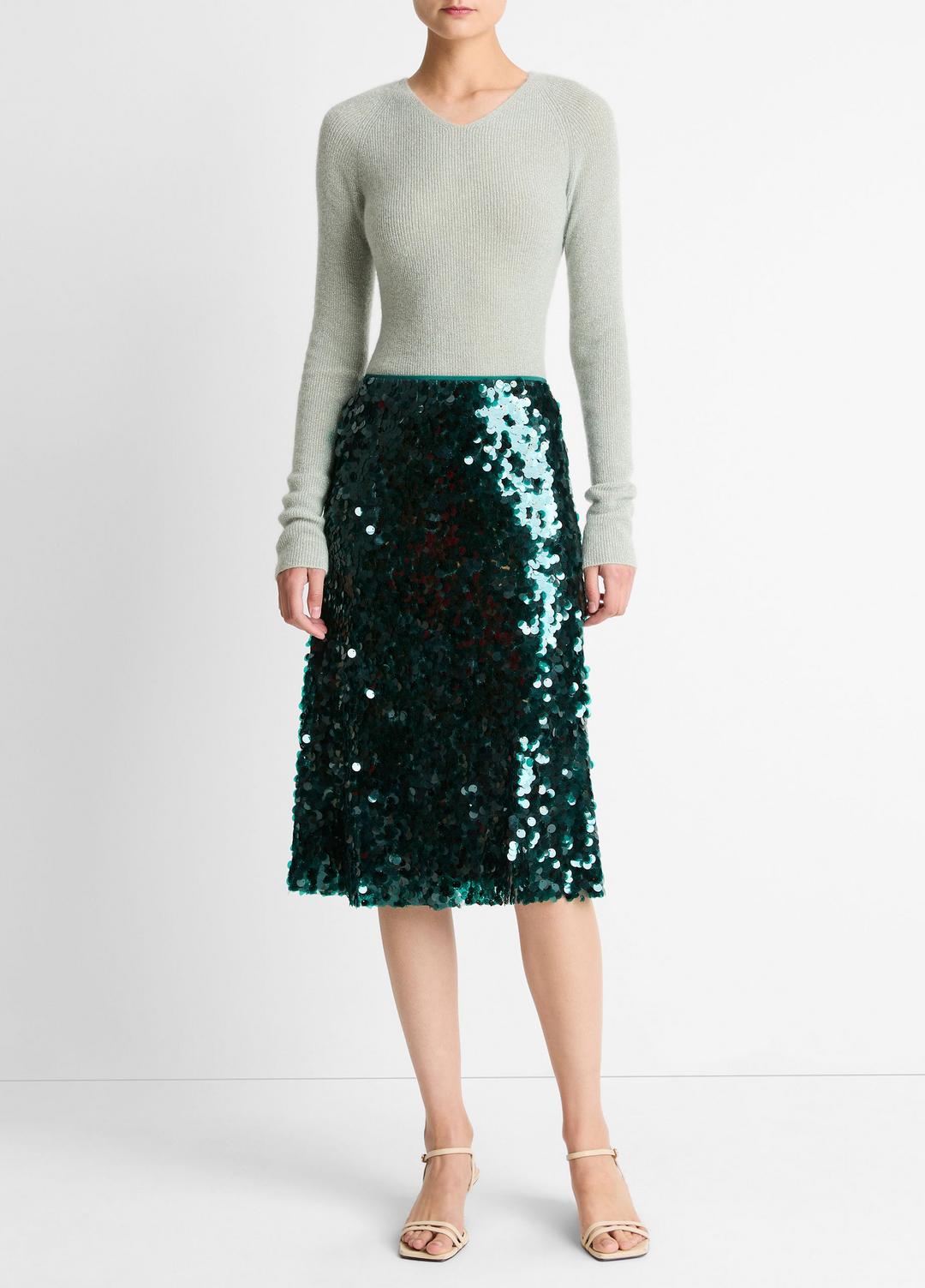 Metallic Ribbed High V-Neck Sweater in V-Neck - LIGHT ALOE STONE METALLIC | VINCE Women