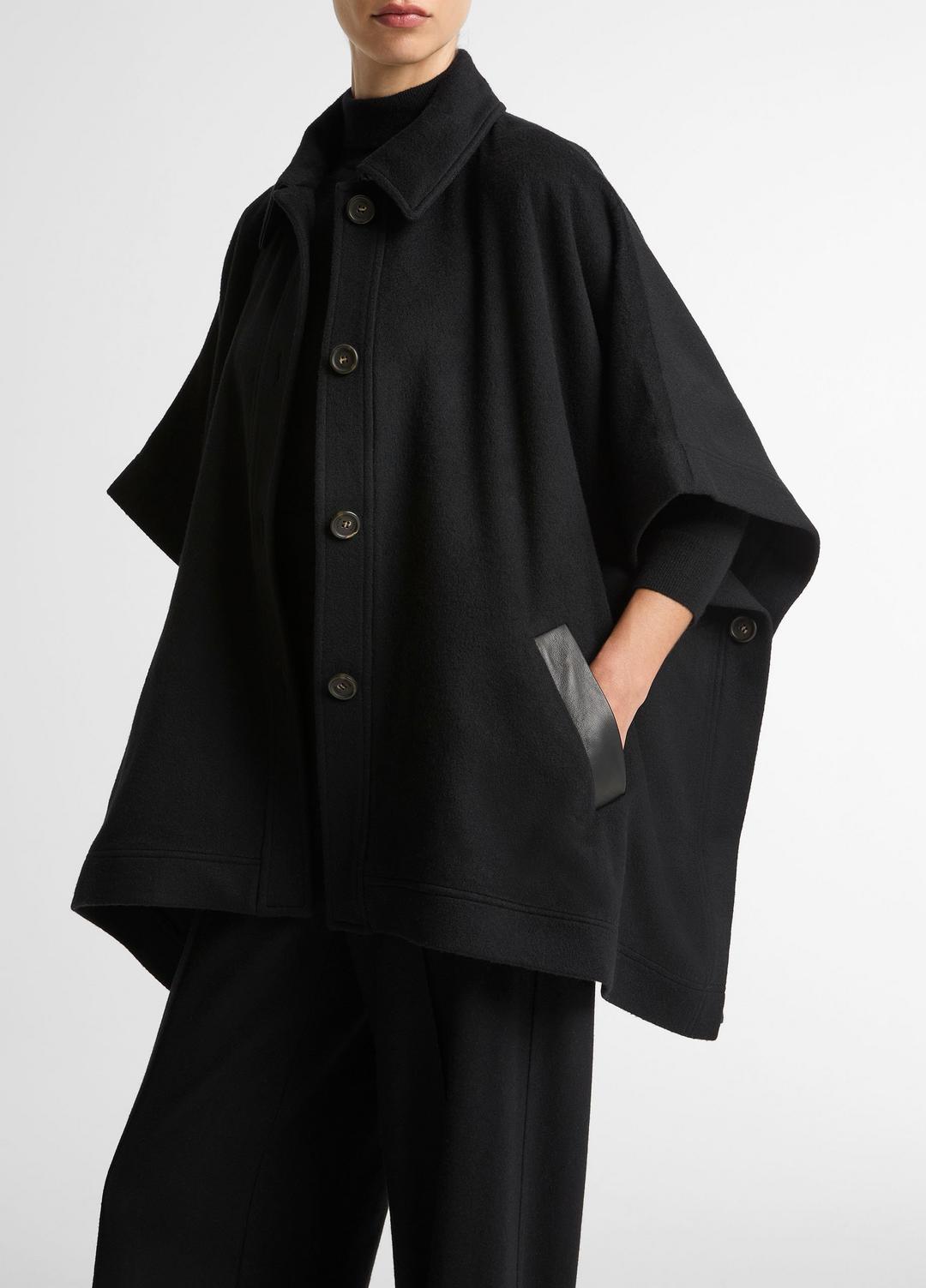 Leather-Trim Wool Cape in Accessories - BLACK | VINCE Women
