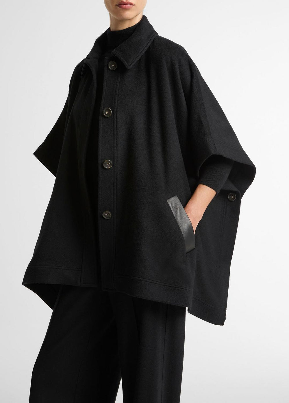 Leather-Trim Wool Cape in Accessories - BLACK | VINCE Women