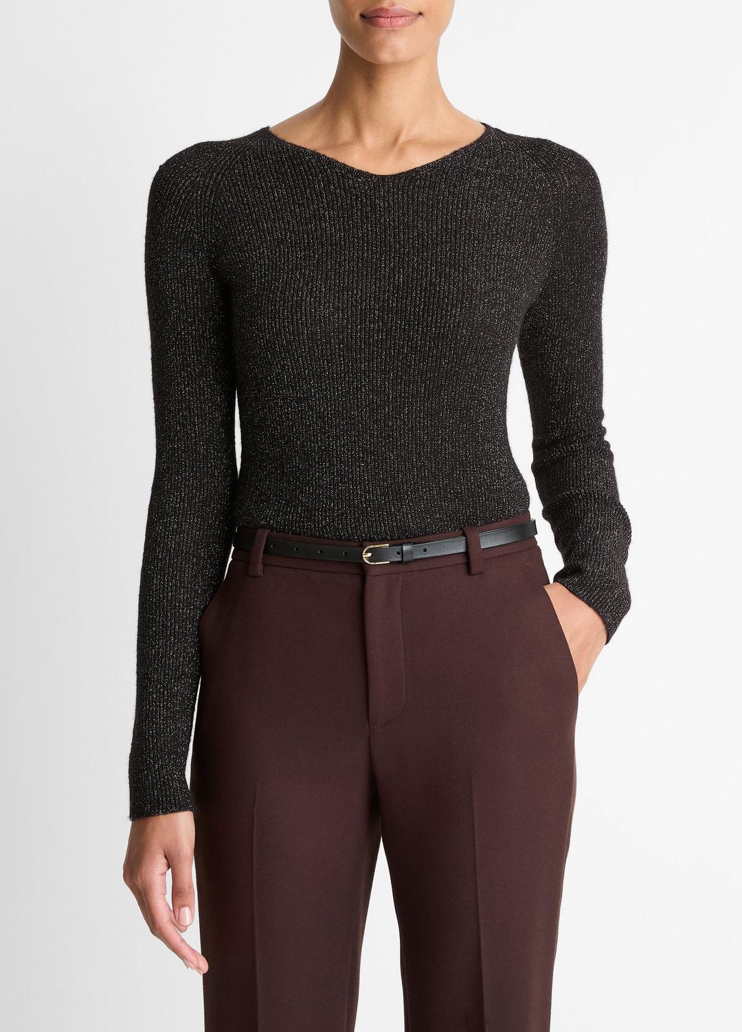 Metallic Ribbed High V-Neck Sweater in V-Neck - BLACK METALLIC | VINCE Women