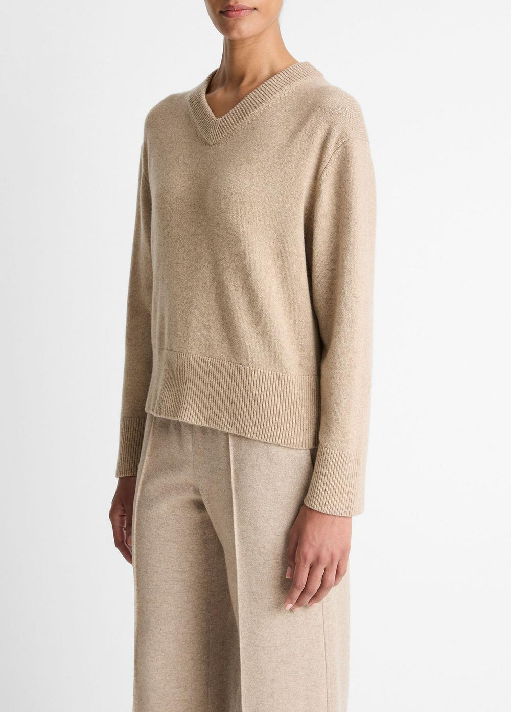 Wool-Cashmere V-Neck Sweater in V-Neck - HEATHER MARZIPAN | VINCE Women