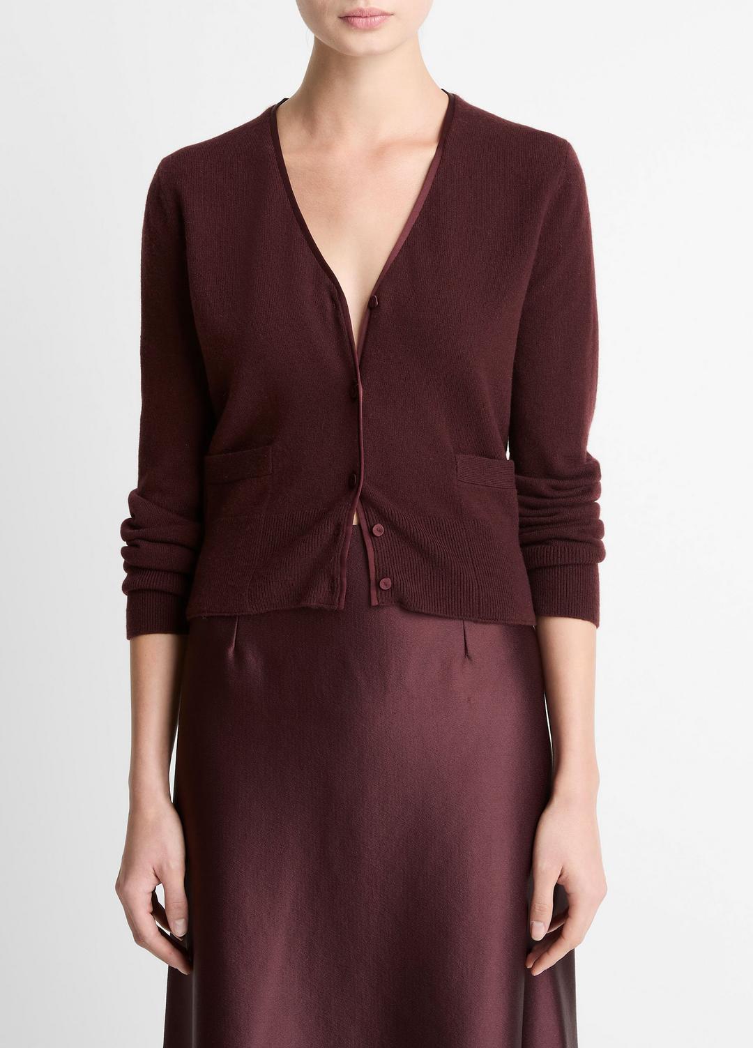 Satin-Trim Wool & Cashmere-Blend Cardigan in Cardigans - OXBLOOD | VINCE Women