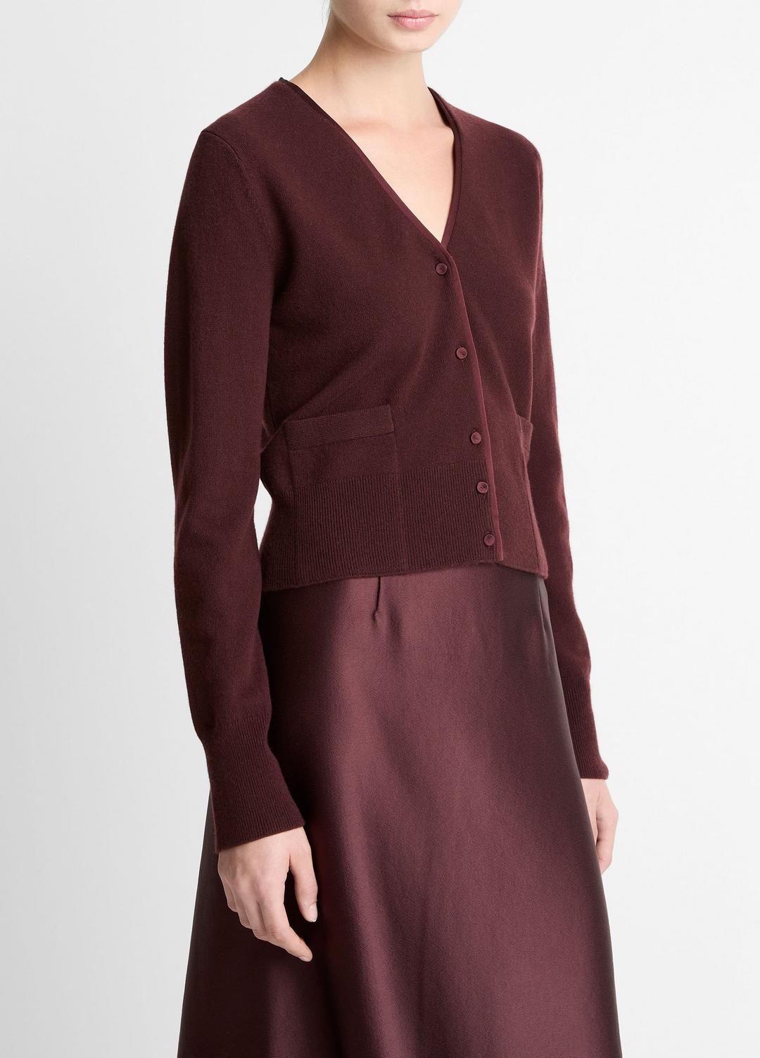 Satin-Trim Wool & Cashmere-Blend Cardigan in Cardigans - OXBLOOD | VINCE Women
