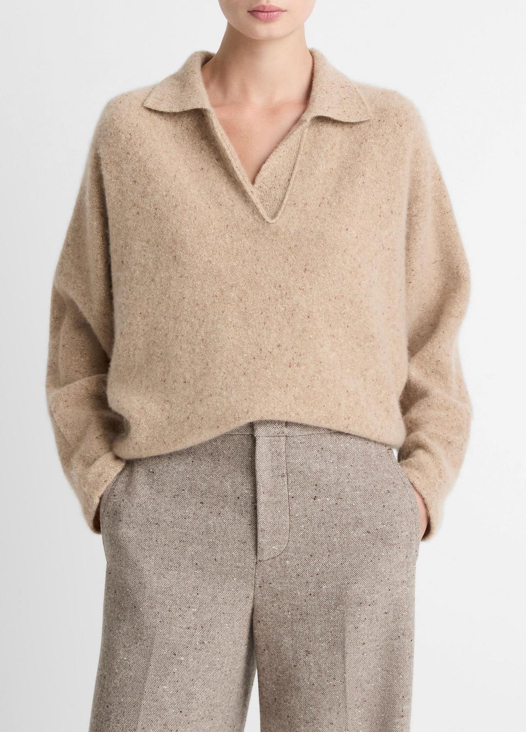 Donegal Plush Cashmere Dolman-Sleeve Polo Sweater in Cashmere - HEATHER OAT DONEGAL | VINCE Women