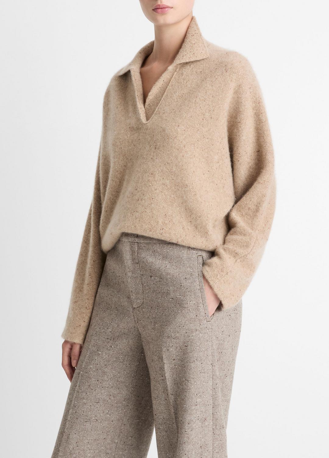 Donegal Plush Cashmere Dolman-Sleeve Polo Sweater in Cashmere - HEATHER OAT DONEGAL | VINCE Women