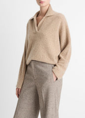 Donegal Plush Cashmere Dolman-Sleeve Polo Sweater in Cashmere - HEATHER OAT DONEGAL | VINCE Women