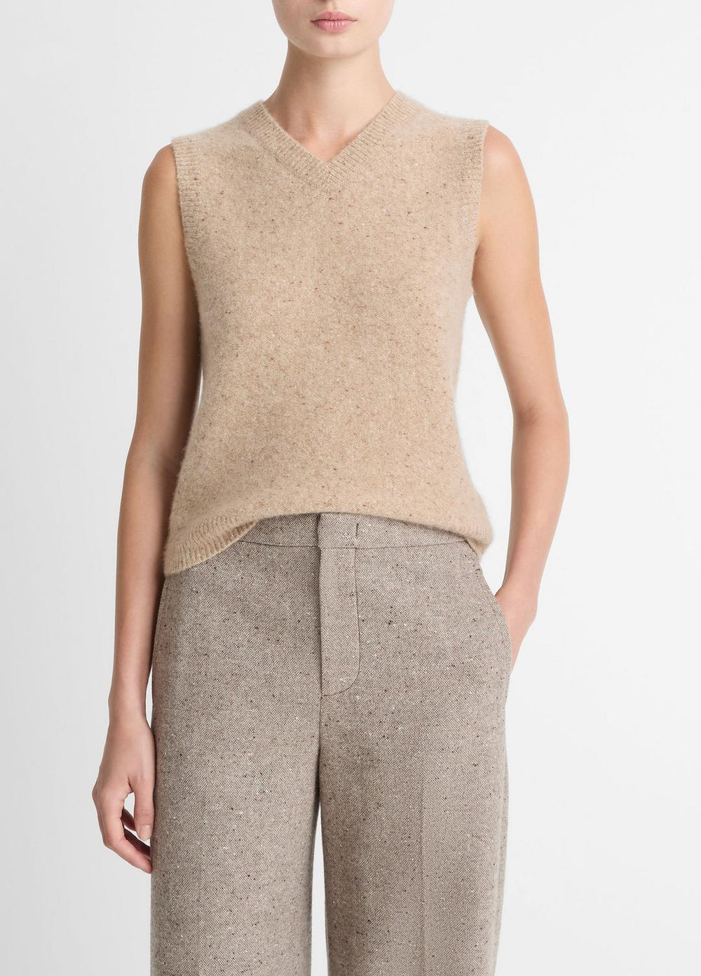 Donegal Plush Cashmere Sweater Vest in V-Neck - HEATHER OAT DONEGAL | VINCE Women