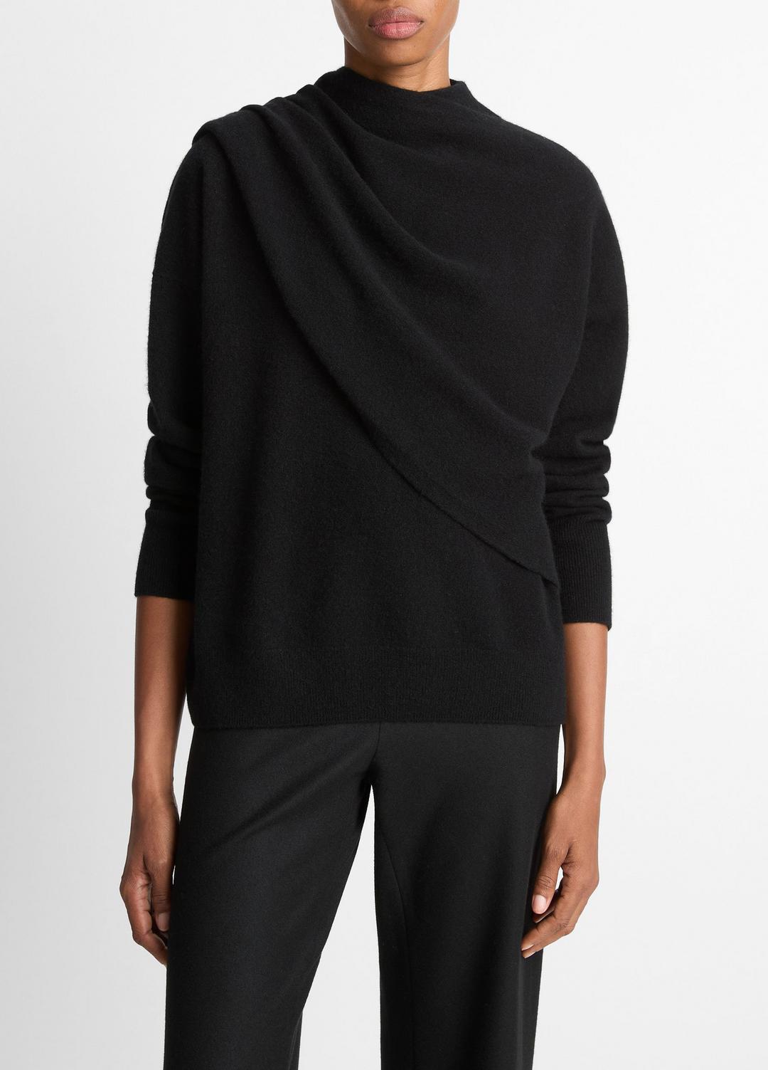 Draped-Shawl Wool-Cashmere Sweater in Turtleneck - BLACK | VINCE Women