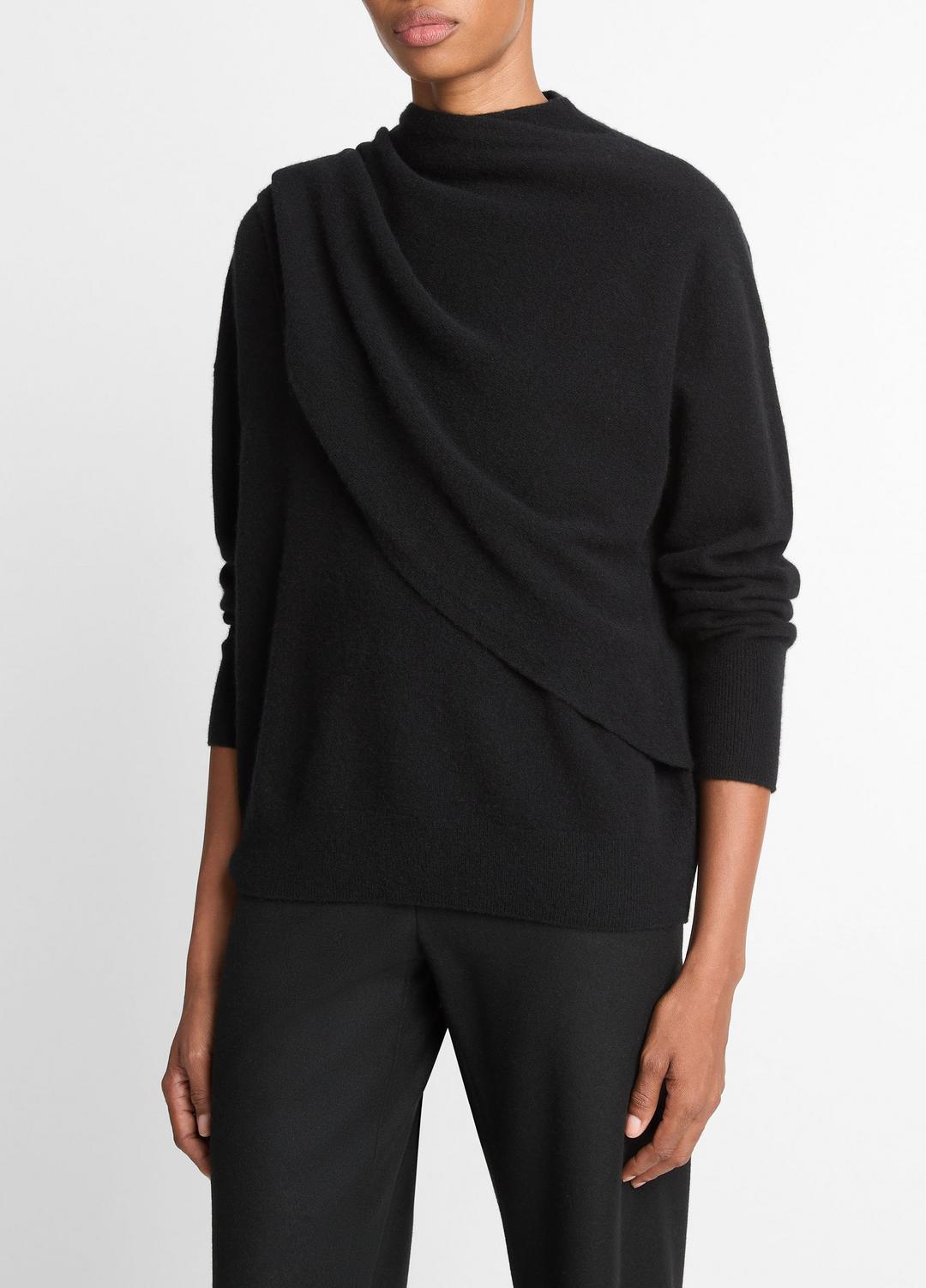 Draped-Shawl Wool-Cashmere Sweater in Turtleneck - BLACK | VINCE Women