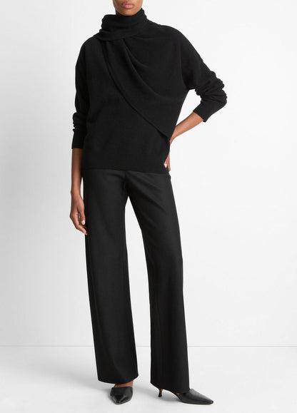 Draped-Shawl Wool-Cashmere Sweater in Turtleneck - BLACK | VINCE Women