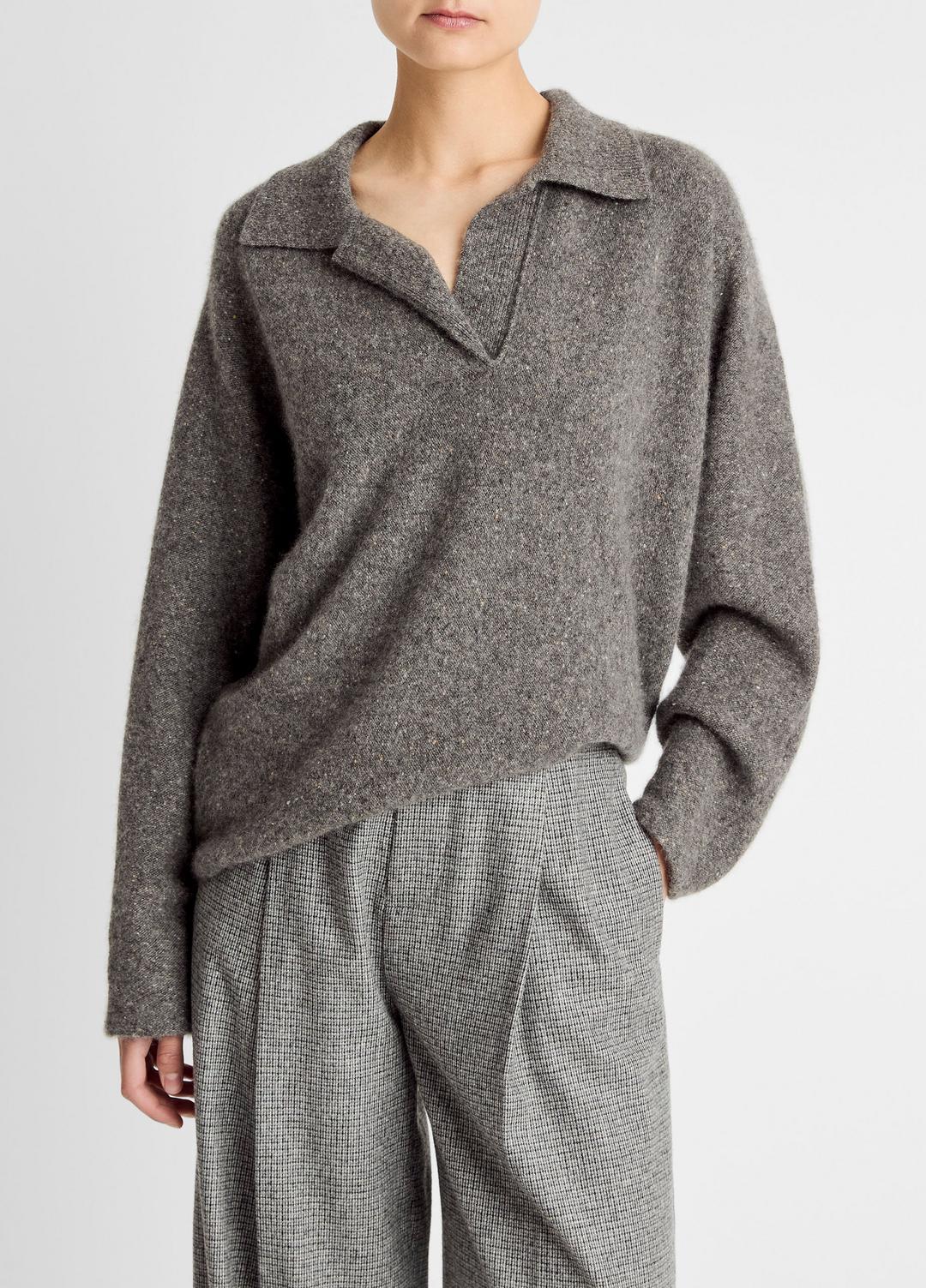 Donegal Plush Cashmere Dolman-Sleeve Polo Sweater in Cashmere - MEDIUM HEATHER GREY DONEGAL | VINCE Women