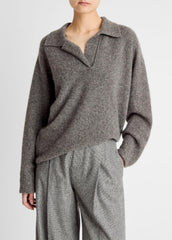 Donegal Plush Cashmere Dolman-Sleeve Polo Sweater in Cashmere - MEDIUM HEATHER GREY DONEGAL | VINCE Women