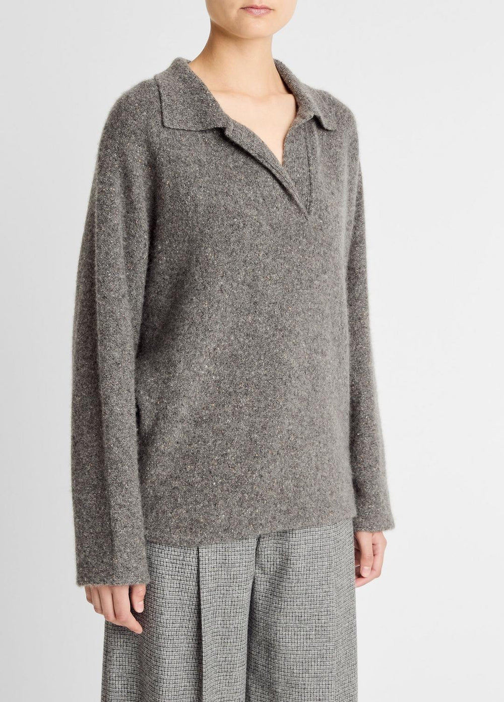 Donegal Plush Cashmere Dolman-Sleeve Polo Sweater in Cashmere - MEDIUM HEATHER GREY DONEGAL | VINCE Women