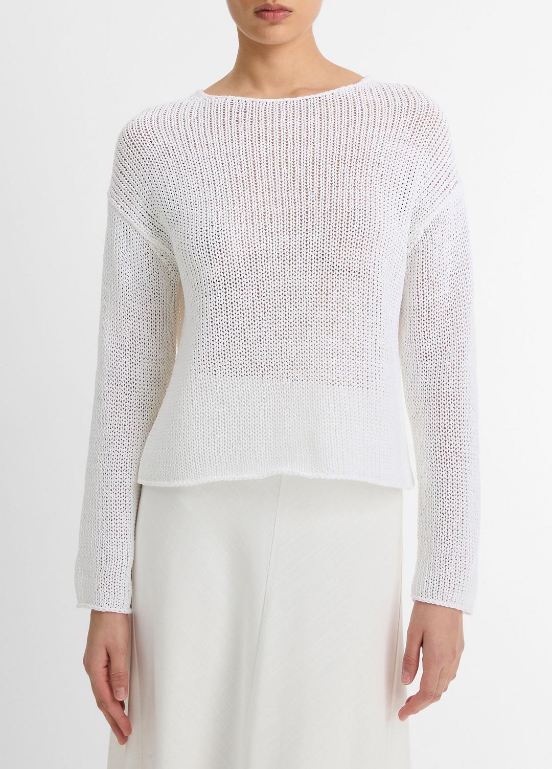 Italian Coated Cotton-Blend Sweater in Crew Neck - OPTIC WHITE | VINCE Women