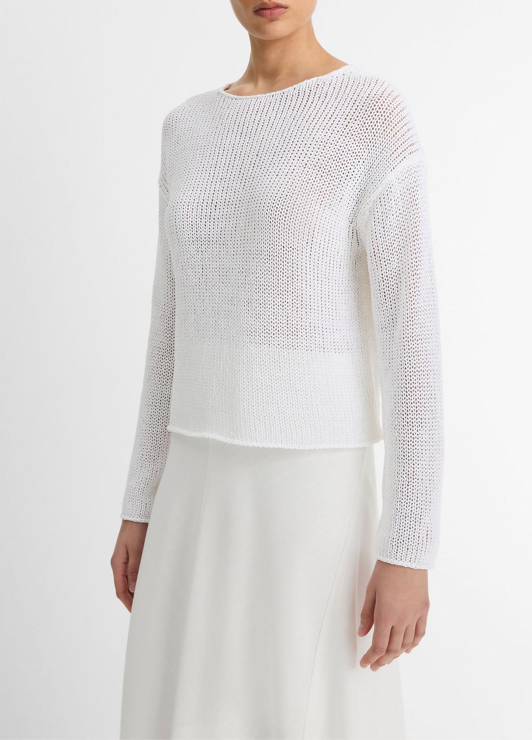 Italian Coated Cotton-Blend Sweater in Crew Neck - OPTIC WHITE | VINCE Women