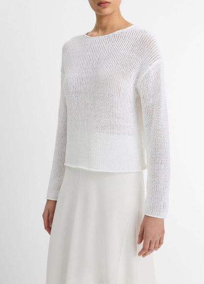 Italian Coated Cotton-Blend Sweater in Crew Neck - OPTIC WHITE | VINCE Women
