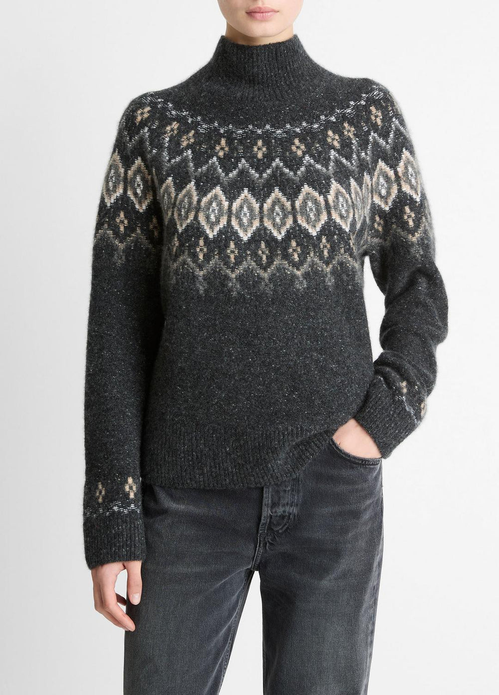 Fair Isle Donegal Cashmere Turtleneck Sweater in Turtleneck - HEATHER CHARCOAL COMBO | VINCE Women